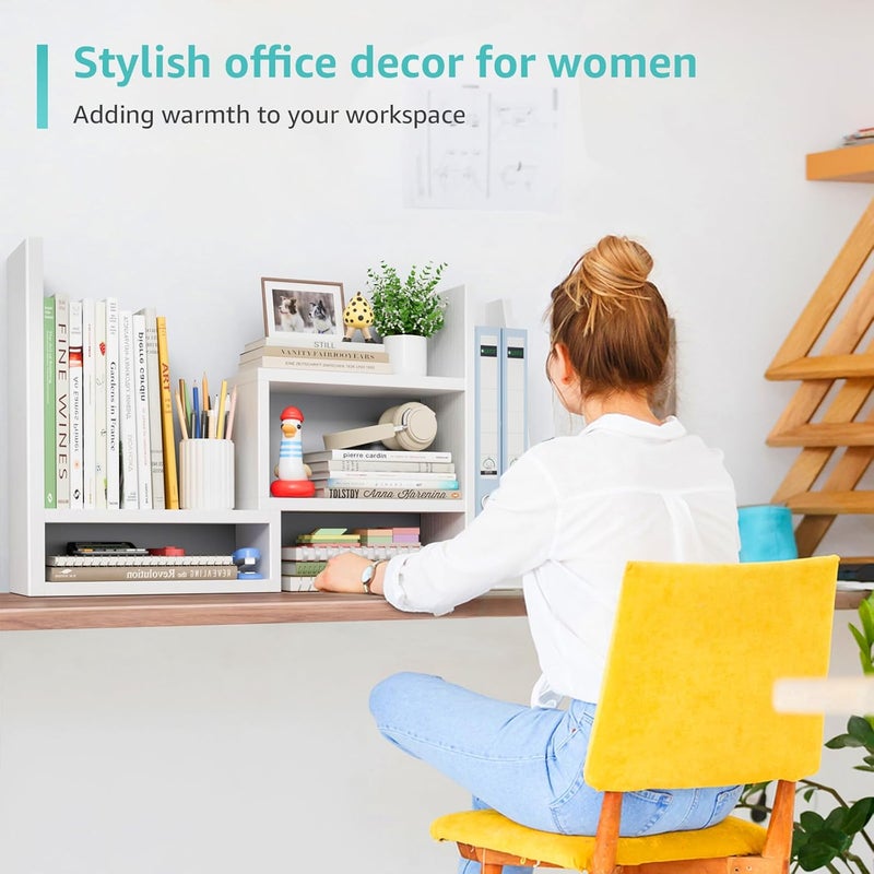 NUTIKAS Desktop File Organizer Desk Organizer Shelf - White Office Organization Shelves for Top of Desk Organizers and Accessories Corner Bookshelf Table Top Shelving Small Hutch Decorations for Women Office - Image 5
